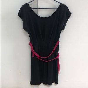 Black mini dress with pink waist tie